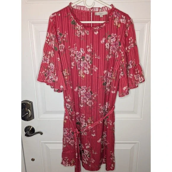 Loft Women's Size Large Dark Pink Floral Dress Lined Keyhole Ruffle Tie Belt EUC - Picture 2 of 7